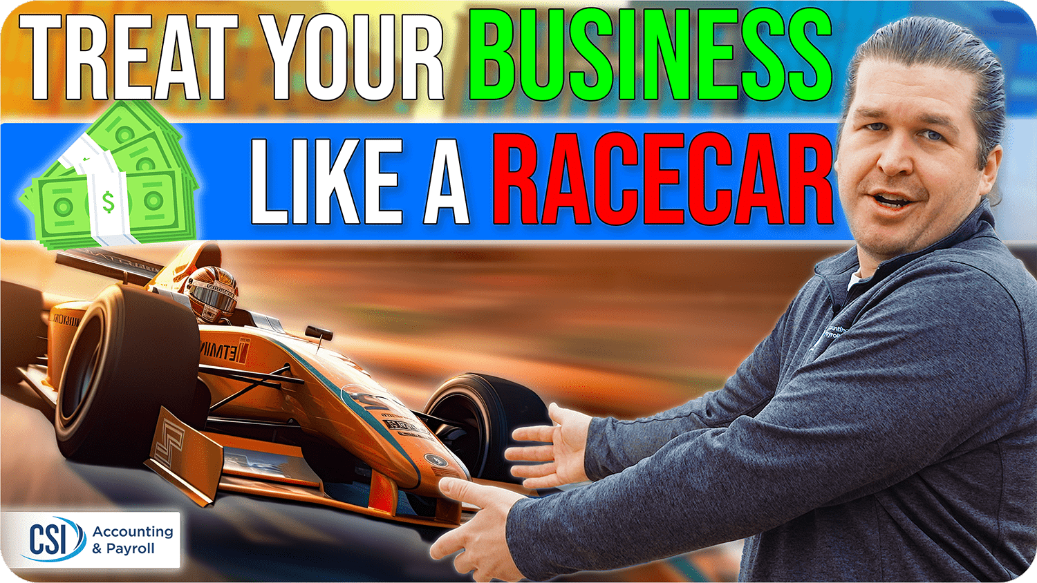smiling man gesturing toward racecar and money