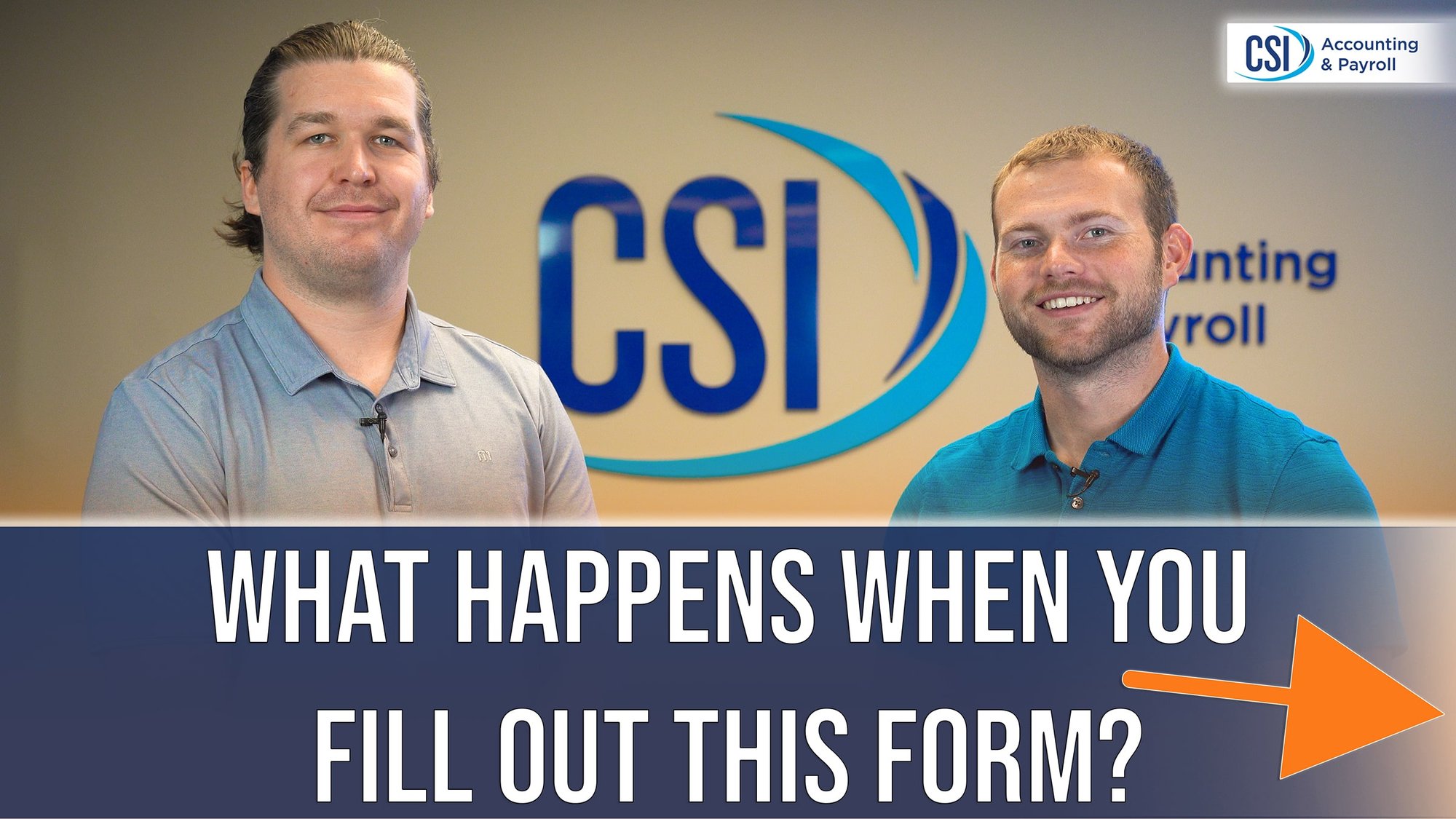 two men smiling with text and arrow pointing to form