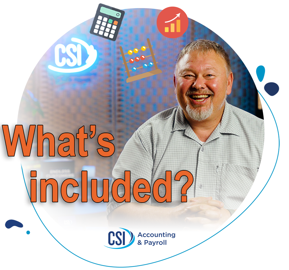 Smiling CSI staff with business iconography and text