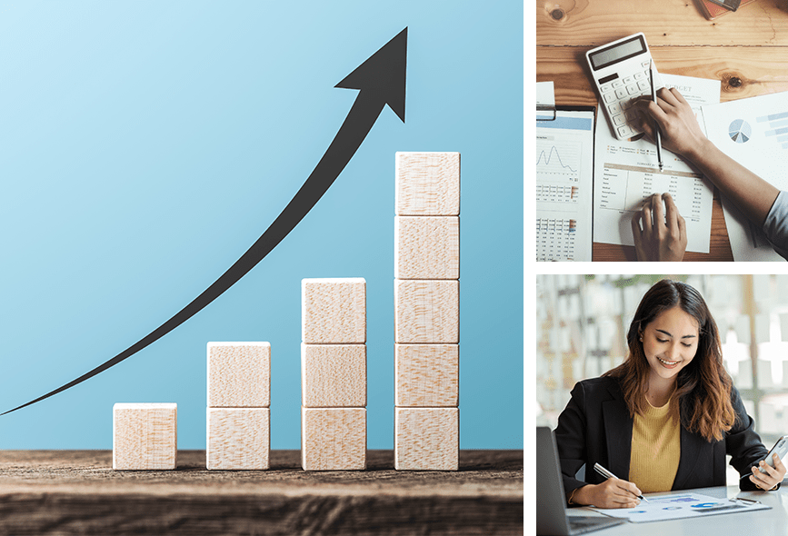Collage of happy client, accounting work and growing blocks.